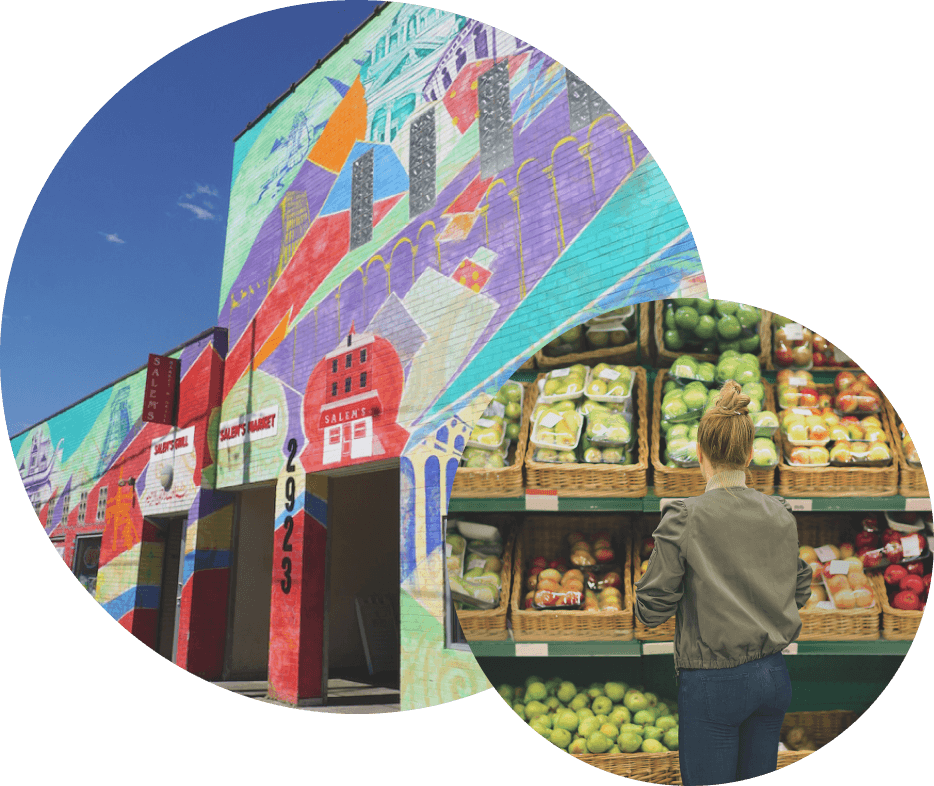 two images, one of a colorful mural and the other of a woman browsing a produce shelf