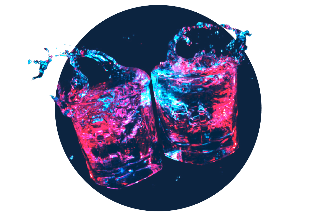 technicolor drinks in glasses clinking